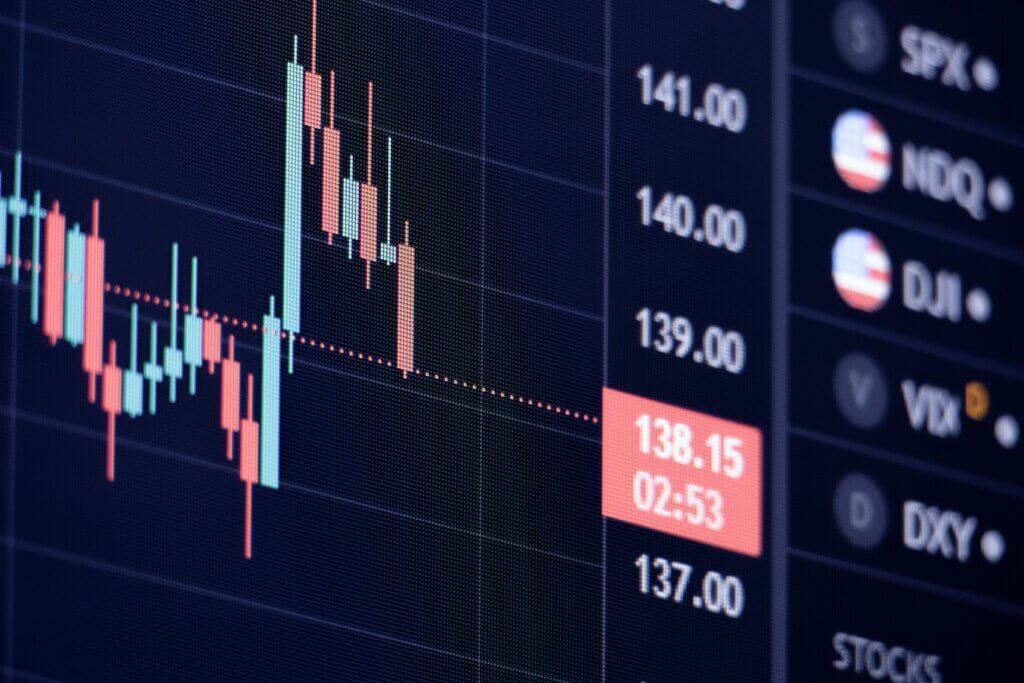 Close up photograph of a monitor showing a trading session, with candlestick charts.